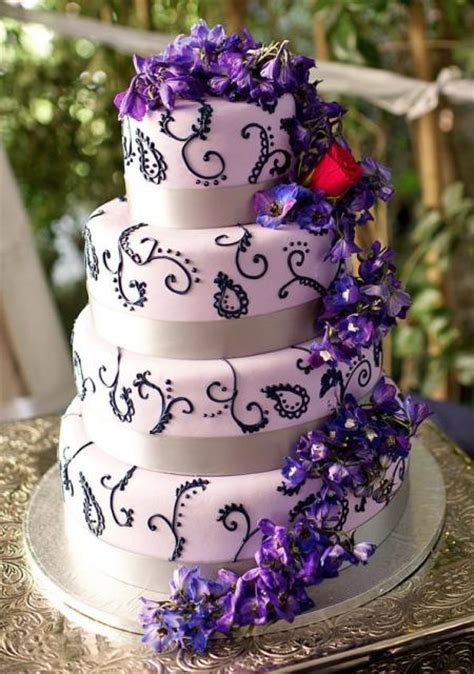 4 Tier Pink Wedding Cake Cascading Purple Flowers