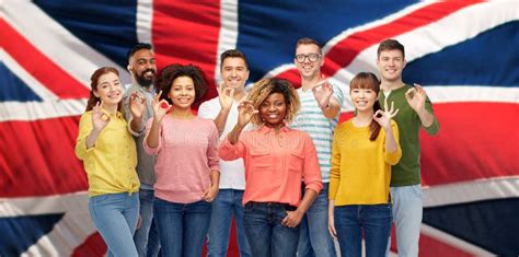 International People Showing Ok Over British Flag Stock Photo Image