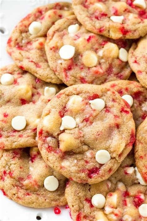 Overhead View Of A Plate Of Candy Cane White Chocolate Chip Cookies Cookies Recipes Christmas