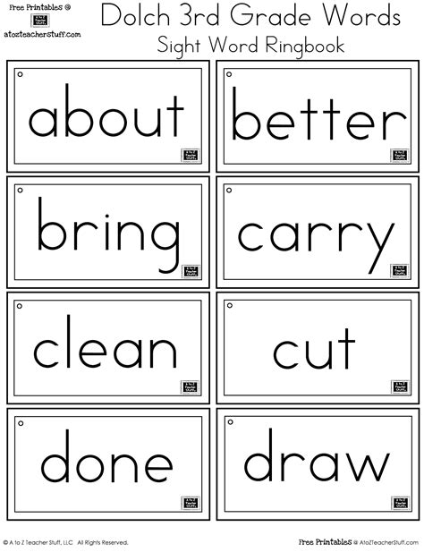 Third Grade Dolch Sight Words Ring Book A To Z Teacher Stuff Printable Pages And Worksheets
