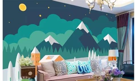 Hand Painted Geometric Green Mountains Wallpaper Wall