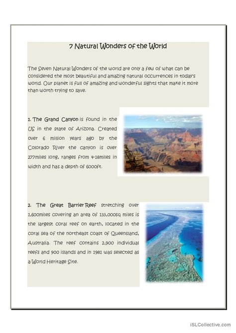 7 Natural Wonders Of The World English Esl Worksheets Pdf And Doc