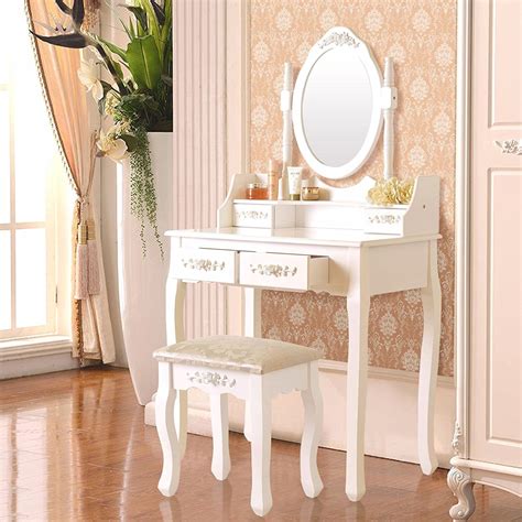 Winado Vanity Set Makeup Desk Dressing Table Set With Stool 4 Drawer And Oval Mirror In Bedroom