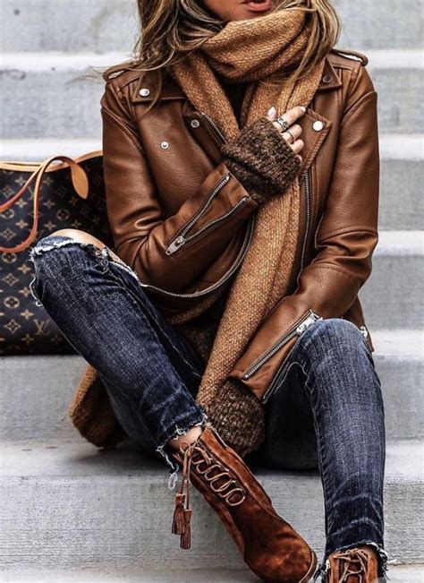 Cute Brown Leather Jacket And Boots With Trendy Distressed Denim Jeans