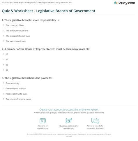 Quiz And Worksheet Legislative Branch Of Government
