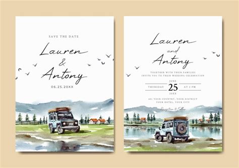 Premium Vector Wedding Invitation Set Of Road Trip With Lake View