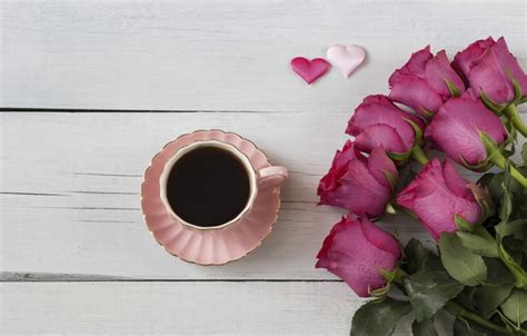 Wallpaper Roses Bouquet Hearts Wood Pink Romantic Hearts Coffee