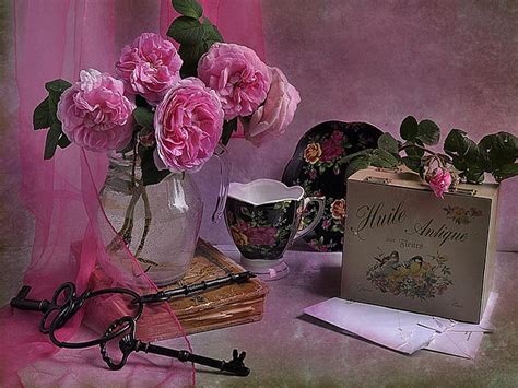 Still Life Pretty Colorful Keys Saucer Rose Book Vase Bonito Peonies Hd Wallpaper Peakpx