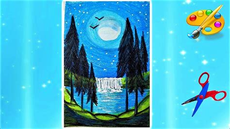 Как нарисовать водопад под луной Moonlight Waterfall Scenery Youtube