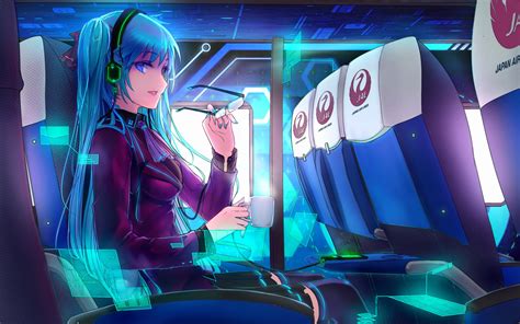 Wallpaper Hatsune Miku Blue Hair Anime Girl Tea Plane
