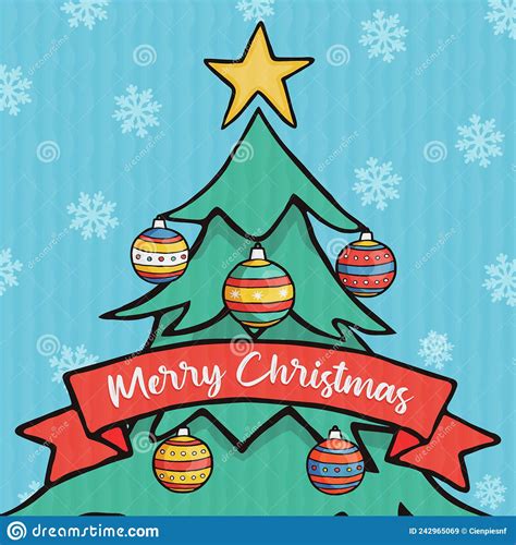 Merry Christmas Card Of Pine Tree Ornament Cartoon Stock Vector Illustration Of T Merry