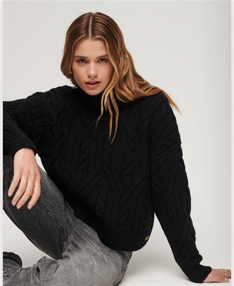 womens twist cable knit polo neck jumper in black superdry uk