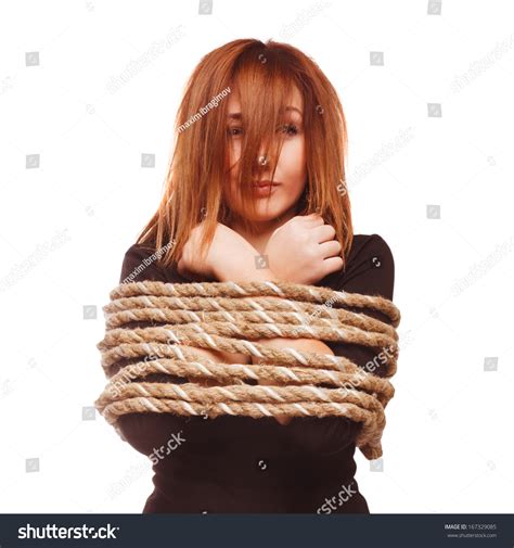 Woman Prisoner Tied Rope Hostage Female Bondage Bound Girl Slavery Hands Stock Photo