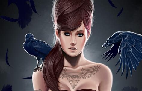 Woman With Tattoo And Crow Digital Wallpaper Hd Wallpaper Wallpaper Flare