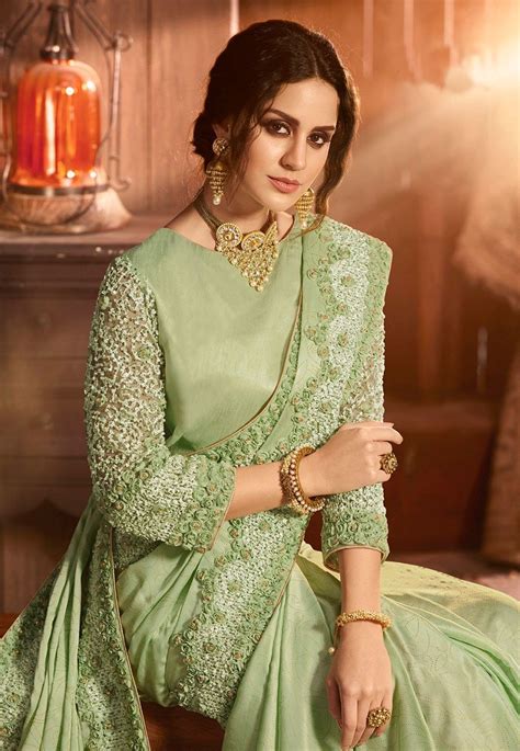 Pista Green Silk Festival Wear Saree 5401 Saree Designs Party Wear