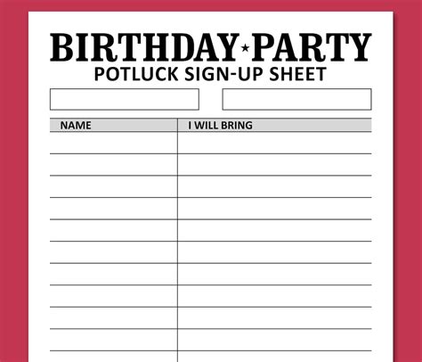 Birthday Potluck Sign Up Sheet Printable Template Brunch Dinner Party