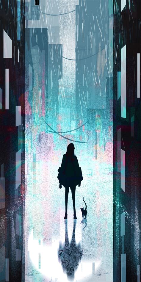 Download 1080x2160 Wallpaper Silhouette Buildings Girl And Cat