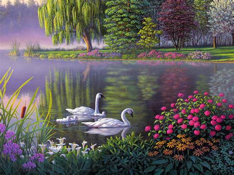 Landscape Swan Lake Trees Flowers Art Wallpaper Hd 1920x1200