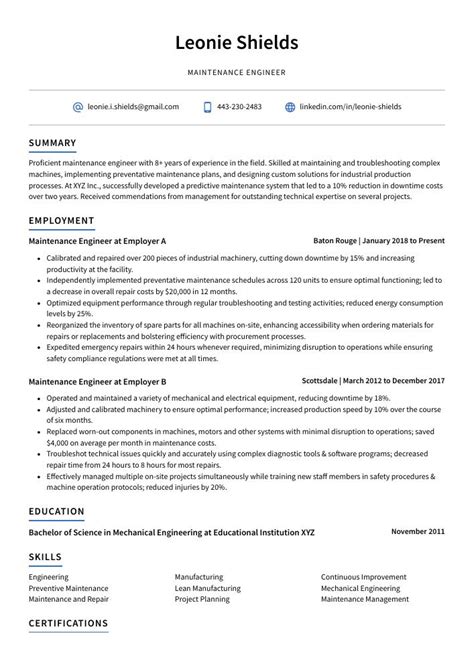 Maintenance Engineer Resume Cv Example And Writing Guide