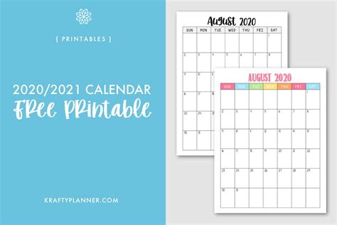 Free Printable 2020 2021 Calendar — Krafty Planner