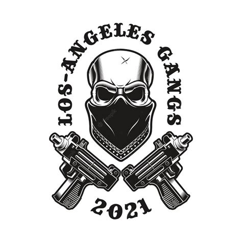 Premium Vector Emblem Of Gangsta Skull In A Bandana With Crossed Pistols