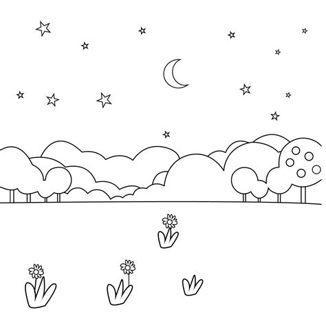 A Coloring Page With A Night Sky And Trees 27525465 Vector Art At Vecteezy