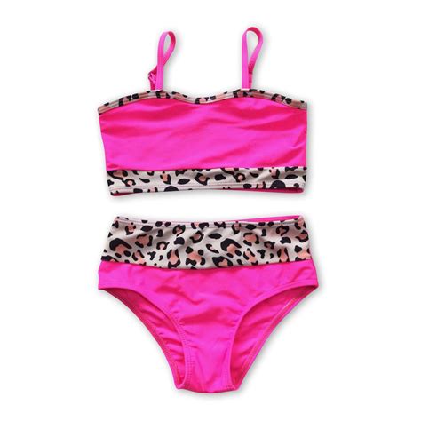 Hot Pink Leopard 2 Pcs Lining Girls Swimsuit Yawoo Garments