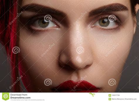 Closeup Portrait With Of Beautiful Woman Face Red Color