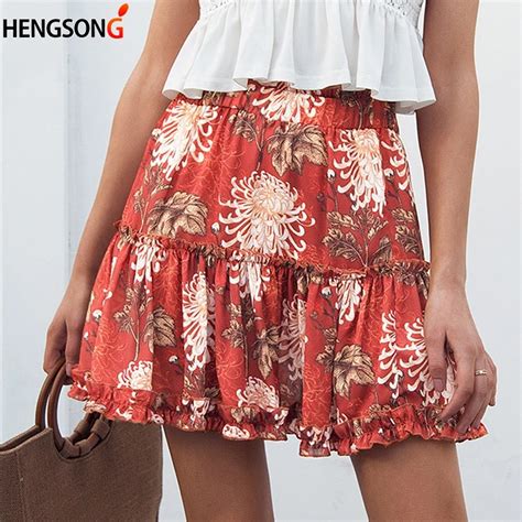 boho floral print beach skirt elastic waist tiered ruffle mini chiffon short skirt women pleated
