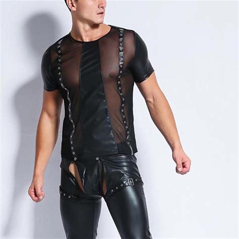 Mens Wet Look Faux Leather Short Sleeve Top Shirt Clubwear Stage