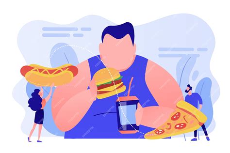 Hombre Con Sobrepeso Comiendo Hamburguesas Gente Diminuta Dando Comida