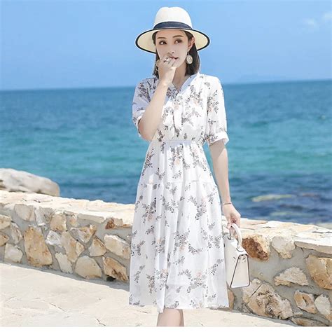 Bonu Summer V Neck Beach Chiffon Empire Dress Printed White Travel Dresses Seaside Women Long