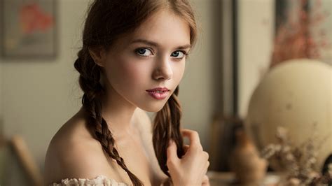 Wallpaper Model Brunette Looking At Viewer Portrait Braided Hair