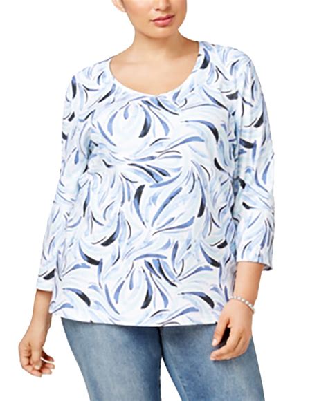 Karen Scott Plus Size Cotton Printed V Neck Top Intrepid Blue White Multi 3x Womens