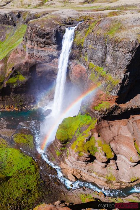 Aerial Drone View Of Haifoss Waterfall With Rainbow Iceland