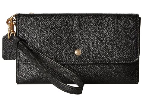 Coach Triple Small Wristlet In Polished Pebble Leather In Liblack