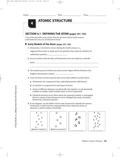 Atomic Structure Worksheet Chemistry