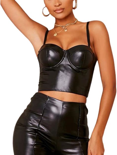 Graceandnora Women Pu Leather Camisole Sleeveless Low Cut Backless Slim Skinny Party Club Wild