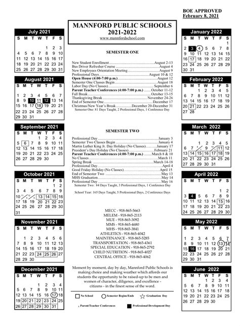 21 22 District Calendar Mannford School