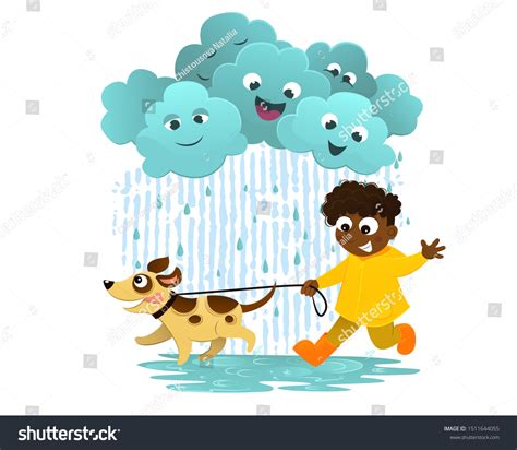 Vector Illustration Boy Walking Dog Rain Stock Vector Royalty Free