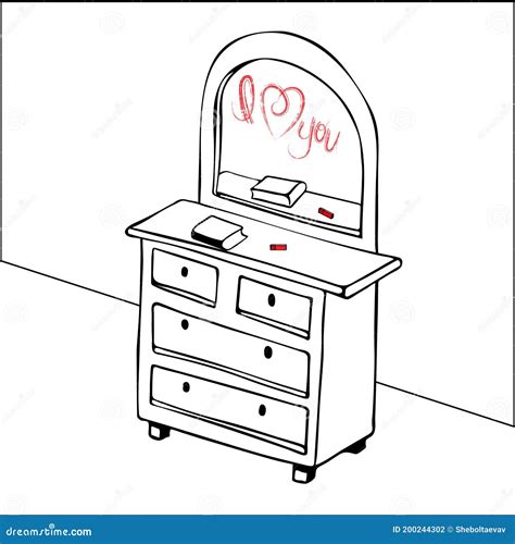 Vector Sketch Of A Wooden Chest Of Drawers With A Mirror Hand Drawn