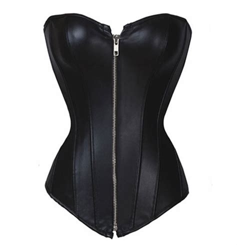 New Fashion Top Quality Black Leather Corsets And Bustier Zip Front Overbust Corselet Steampunk