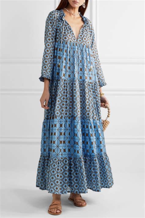Light Blue Hippy Tiered Printed Cotton Voile Maxi Dress Yvonne S In