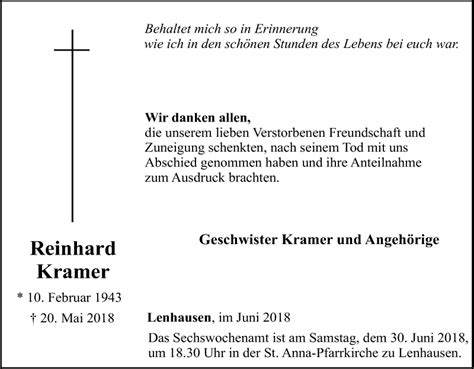 Traueranzeigen Von Reinhard Kramer Trauer In Nrwde
