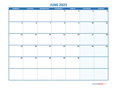 June Monday 2023 Blank Calendar Calendar Quickly