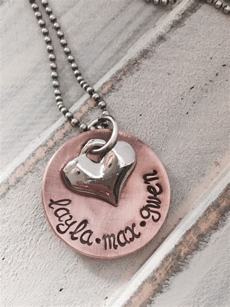Mom Necklace With Kids Names Personalized Hand Stamped Etsy