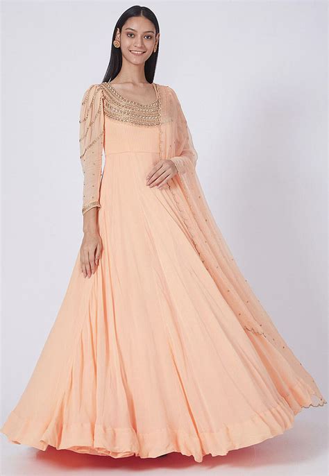 Embroidered Georgette Abaya Style Suit In Light Peach Kmdf94