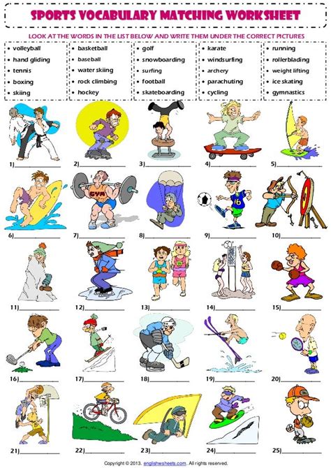 Sports Vocabulary Matching Exercise Worksheet 1