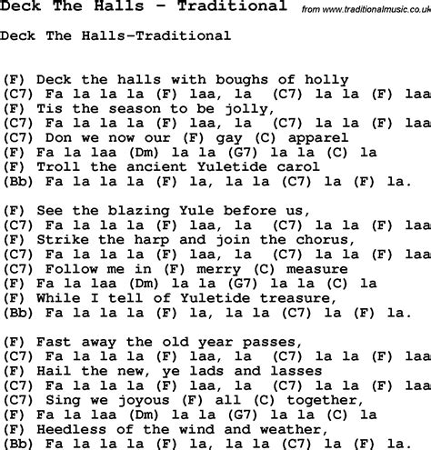 Deck the halls lyrics and chords are intended for your personal use only, it's a popular christmas carol. Song Deck The Halls by Traditional, song lyric for vocal ...