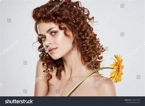 Pretty Woman Curly Hair Nude Shoulders Stock Photo